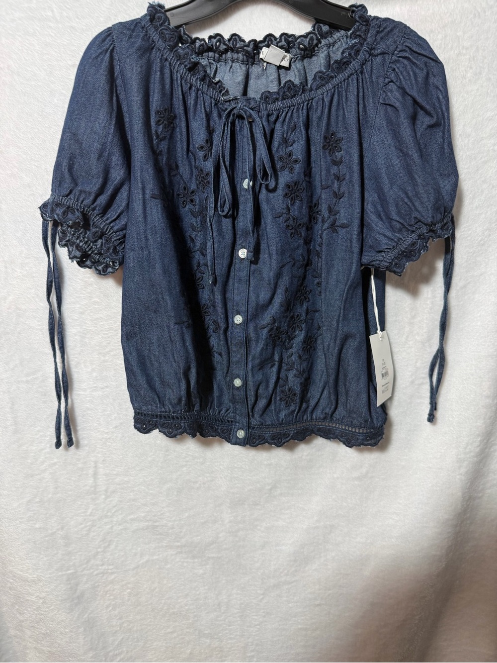 Women's Navy Blue Embroidered Peasant Blouse